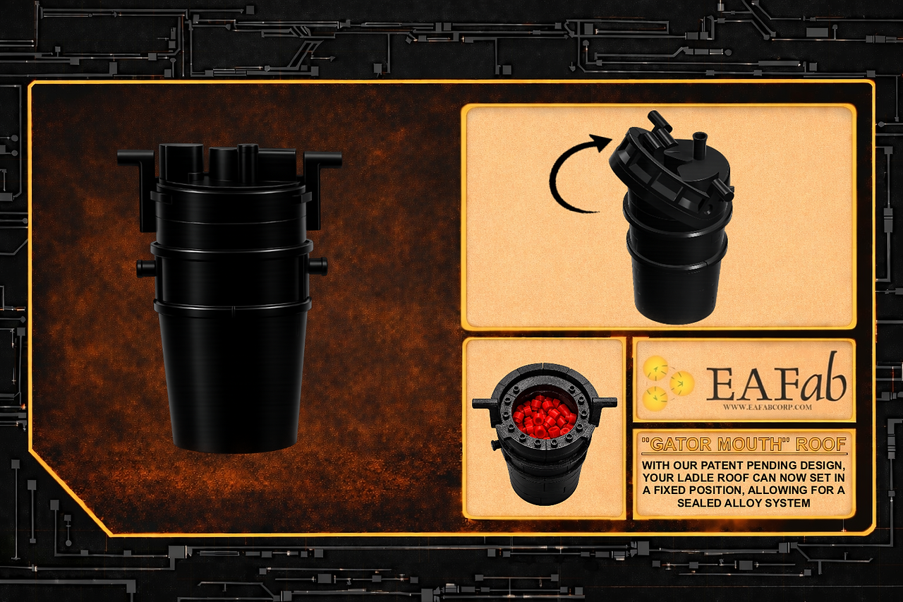 EAFab's Gator-Mouth Ladle Metallurgical Furnace (LMF) Building Brick Set.   EAFab Corporation. Steel Industry. North-American Steel Industry. Engineering. Fabrication. Solutions.